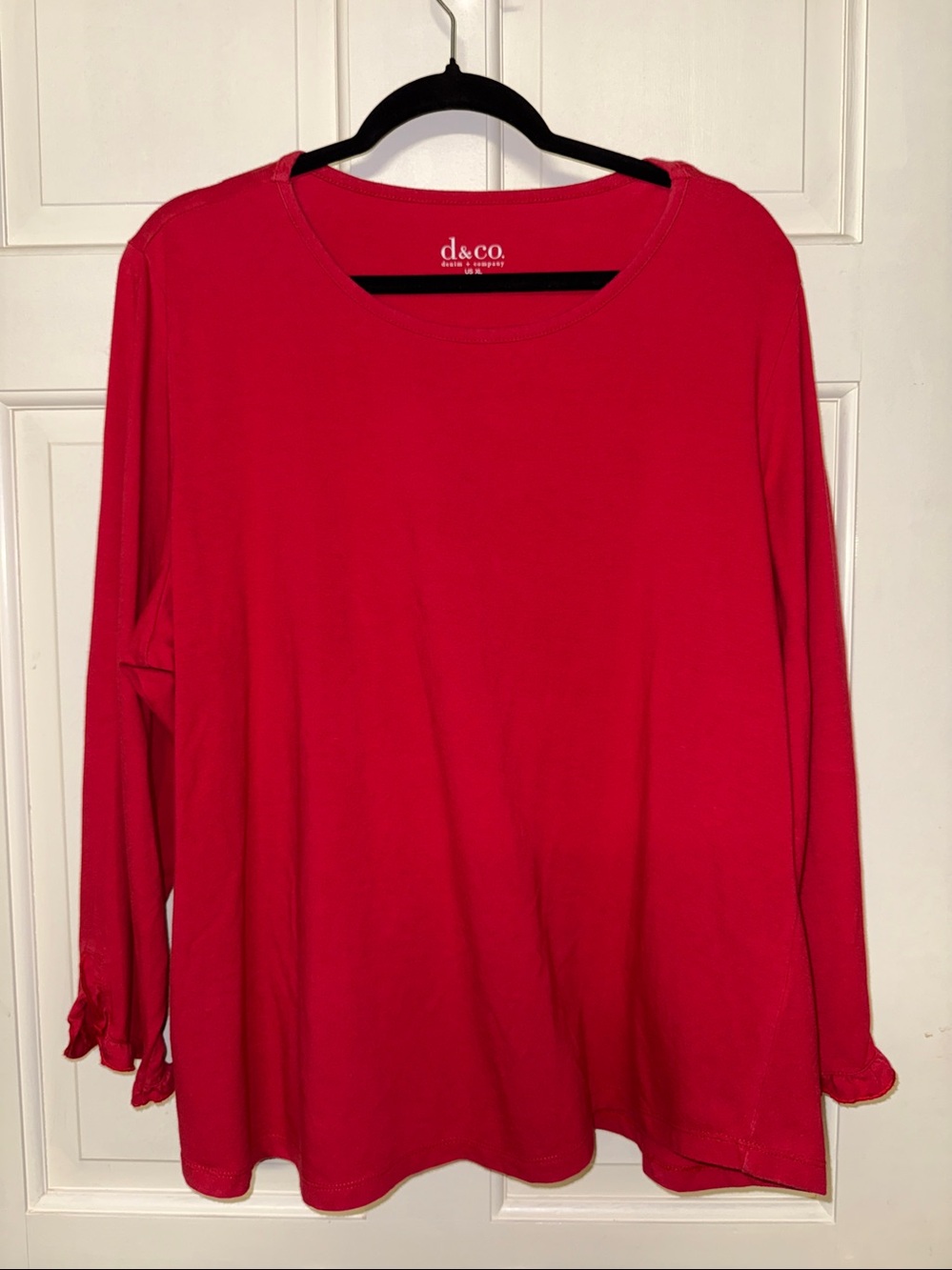 Denim & Co. ruffle cuff  XL Round Neck Bracelet Sleeve red Cotton top NWOT